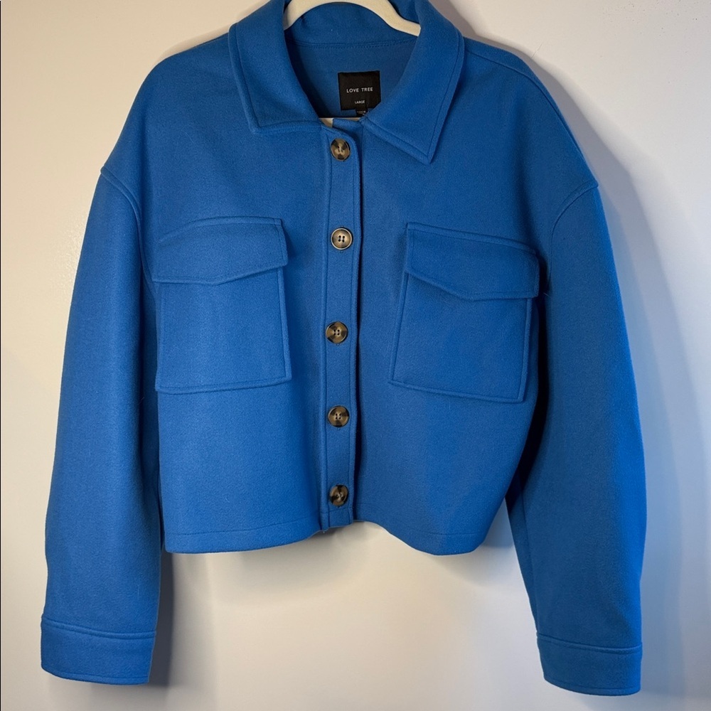 Love Tree Blue Chunky Cropped Casual Boxy Fleece Winter Cozy Jacket Size L - Picture 1 of 5